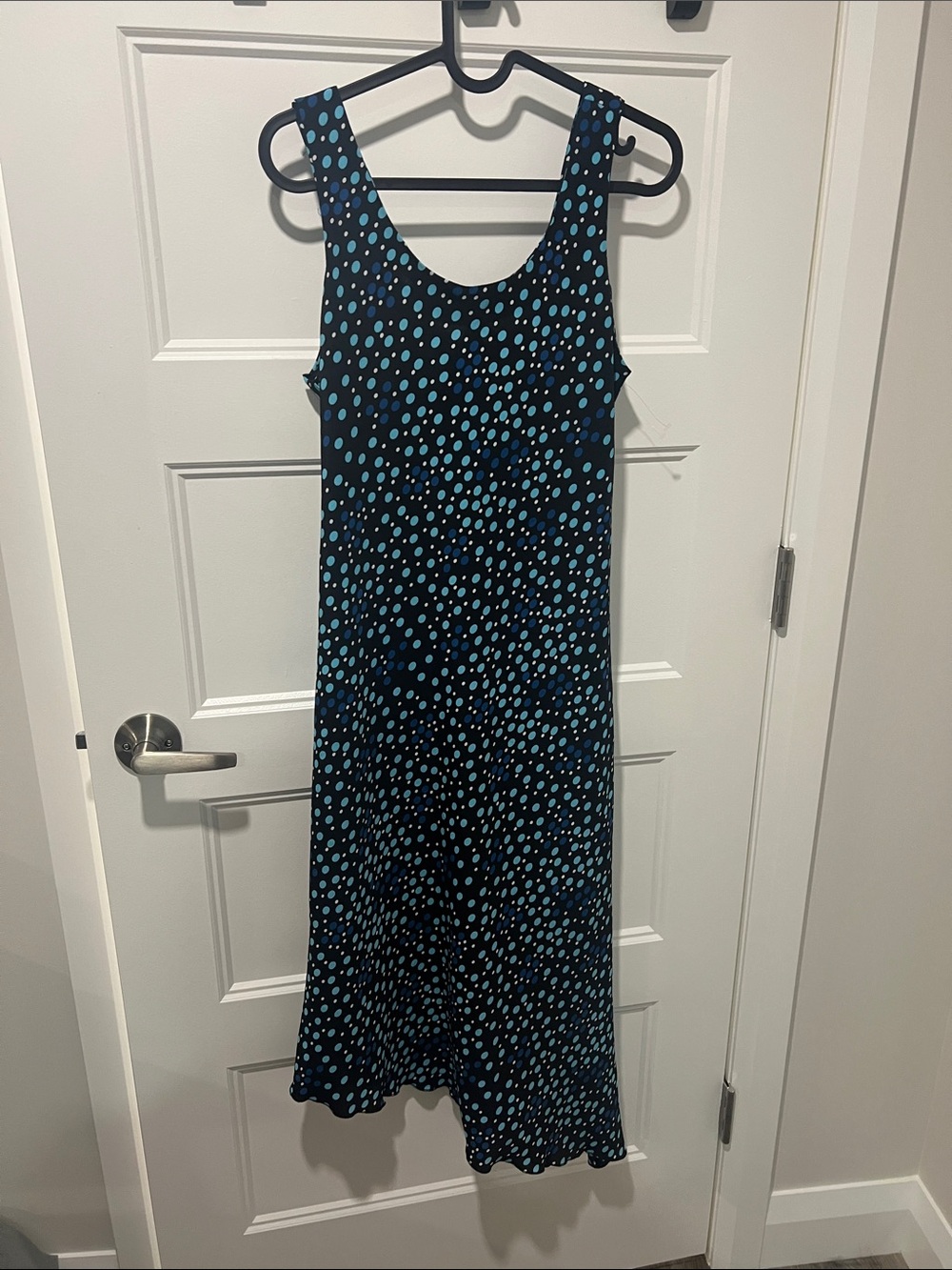 Sleeveless Black Dress with Blue Polka Dots